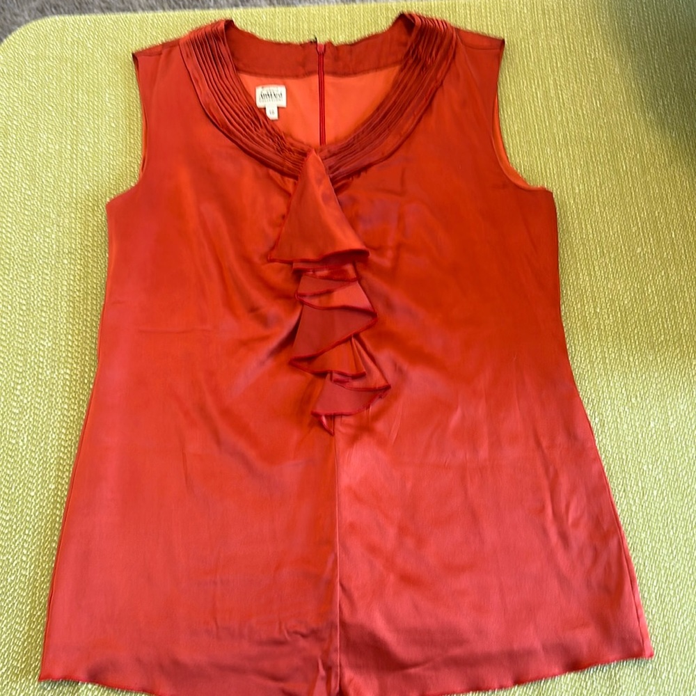 Armani beautiful rust satin sleeveless blouse w front ruffle